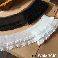 7cm wide double layers white black dress lace fringe ribbon elastic ruffle trim pleats chiffon lace stretch sewing guipure decor