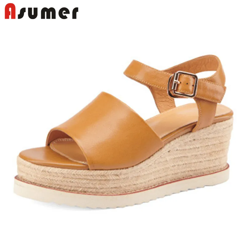 

Asumer 2021 Hot Sale Wedges Platform Sandals Women Genuine Leather Shoes Buckle Simple Comfortable Casual Shoes Female Sandals