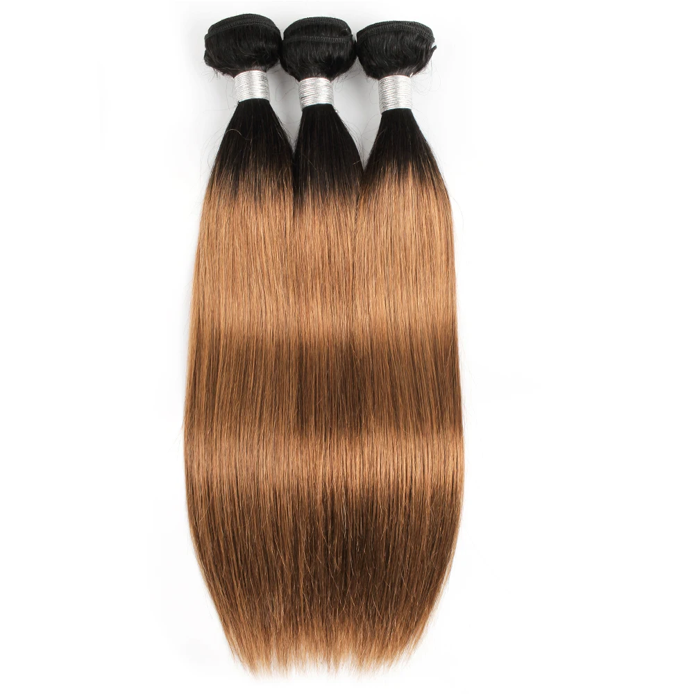 Kisshair T1B30 straight hair bundles 2 tone ombre medium abnurn hair with dark roots pre-colored Brazilian human hair extension