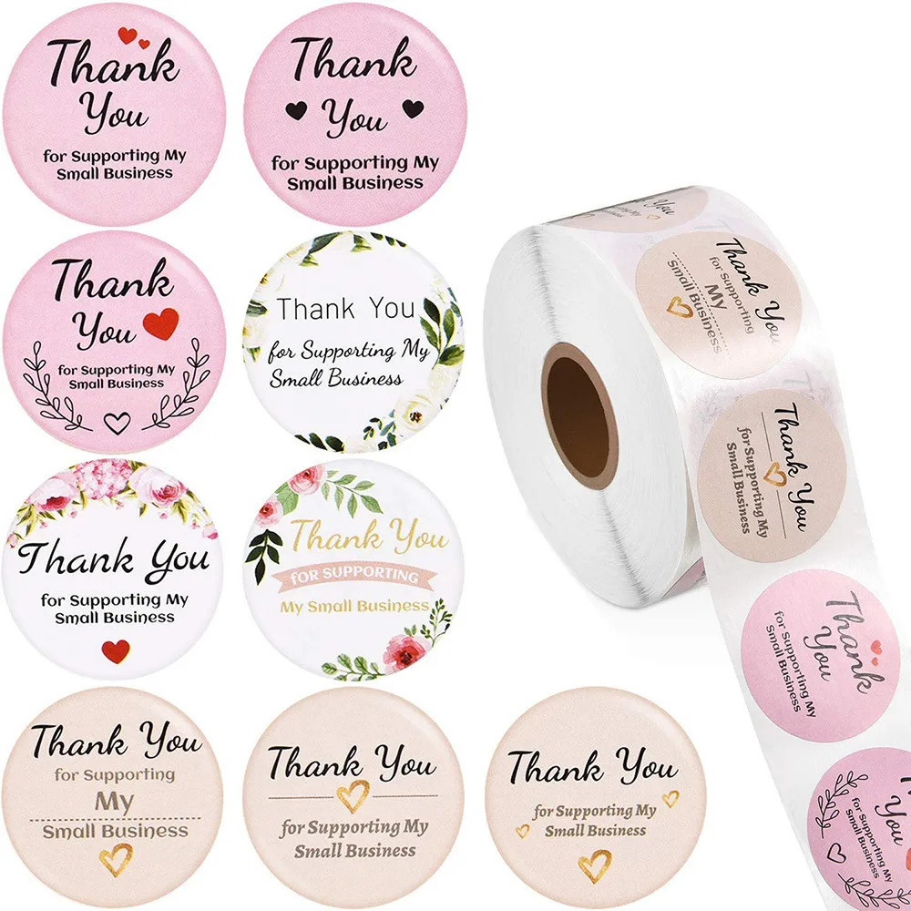 

500pcs 9 Designs Thank You For Supporting My Small Business Stickers Pink White Champagne Thank You Label Package Stickers