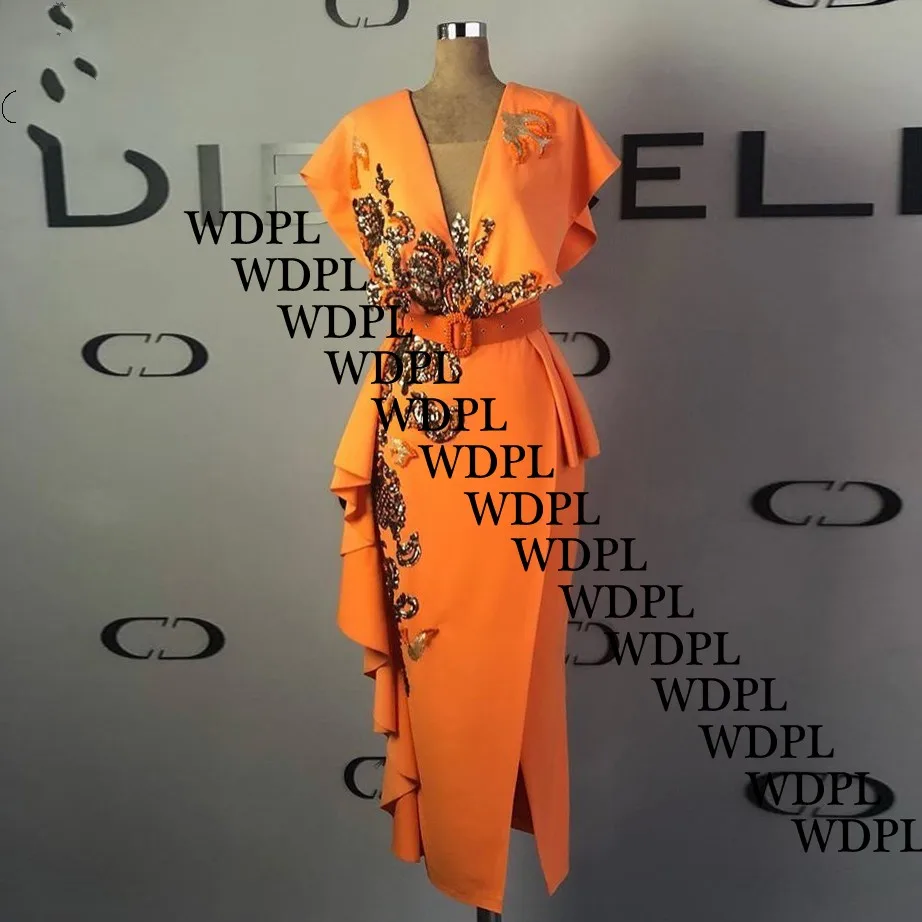 Vestido longo, шикарное вечернее платье, robe de soiree, вечерние платья с блестками, оранжевое, с рукавом-крылышком, длинное, до середины икры, вечернее платье abiye