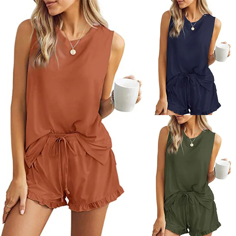

OLOMLB 2021 Summer New Fashion O Neck Lady Sleeveless Tanks Tops And Short Pants Belt Folds Hem Solid Loose Women Two Piece Set