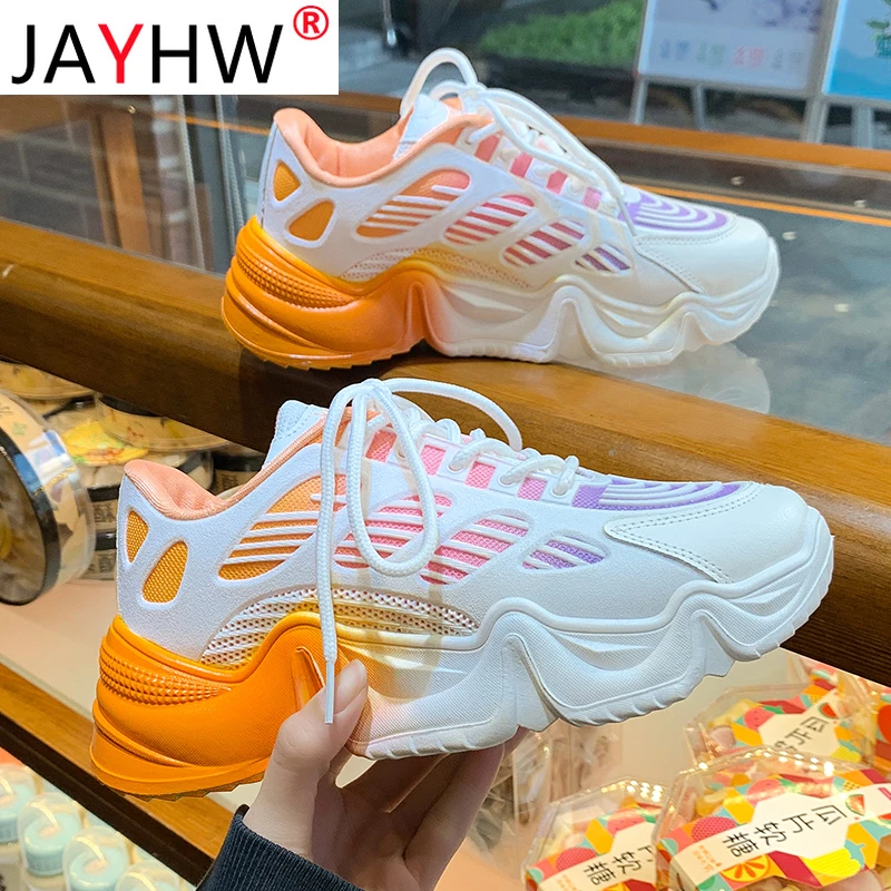 

JAYHW New Chunky Sneakers Vulcanized Shoes Women High Platform Shoes Lace Up Sneakers Woman Fashion Casual Breathable Mesh Shoes