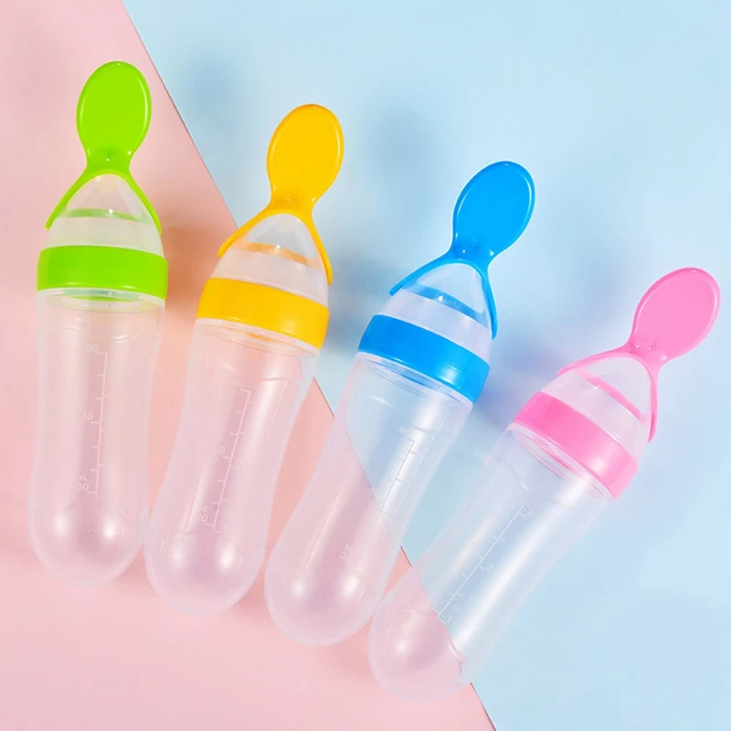

Newborn Baby Squeezing Feeding Bottle Silicone Training Rice Spoon Infant Cereal Food Supplement Feeder Safe Tableware Tools