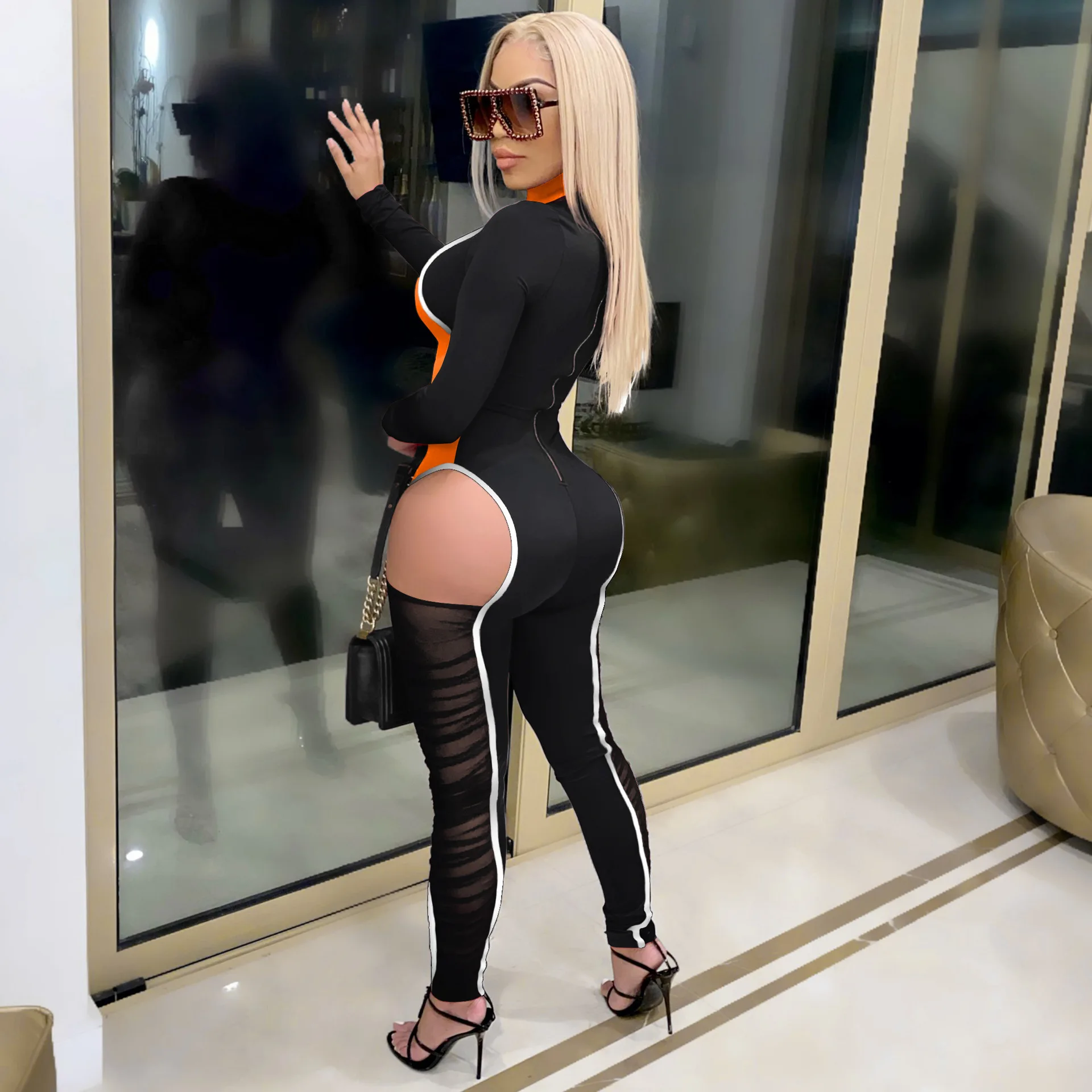 ANJAMANOR Сексуальный черный комбинезон для женщин больших размеров одежда клуба наряды полый из сетки прозрачный комбинезон с длинными рукавами боди-кон Ромпер D48-DA35 on.