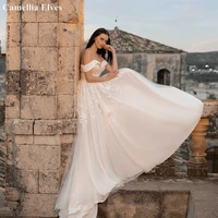 vestidos de novia off the shoulder wedding dress tulle a line bride dresses sweep train romantic lace appliques bridal gowns