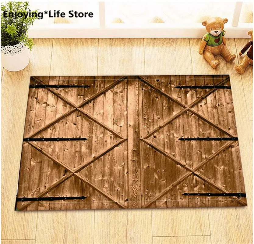 

Wood Old Barn Door Shower Curtain Set Waterproof Shower Curtain Bathroom Bath Mat Fabric Rugs 72 x 72 with 12 Hooks (24x16 Mat)