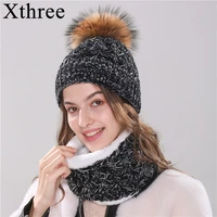 xthree new womens hat winter beanie knitted hat scarf set bonnet girl s hat with fur pom pom female cap