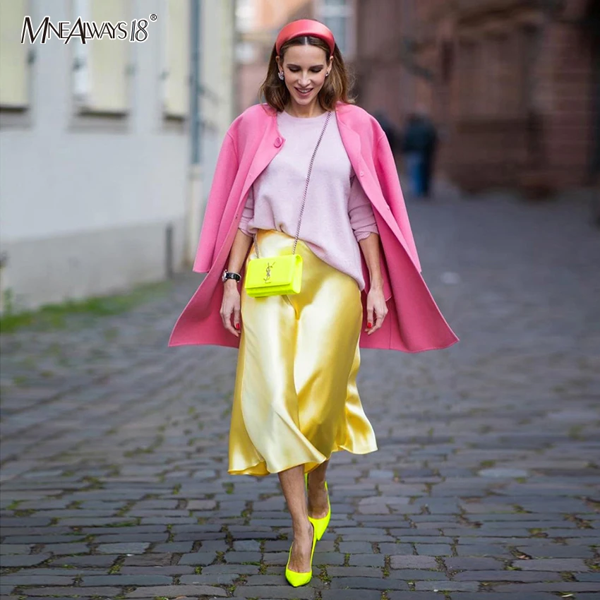 Mnealways18 Розовая атласная шелковая длинная юбка женская элегантная желтая юбка миди с высокой талией уличная Осенняя зимняя трапециевидная юбка женская