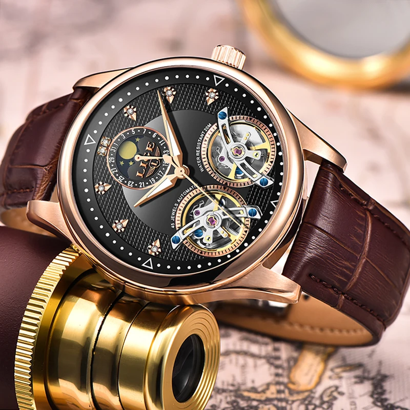 Часы LIGE Doppel 2019 года с турбийоном автоматические часы режим ветра мужские |