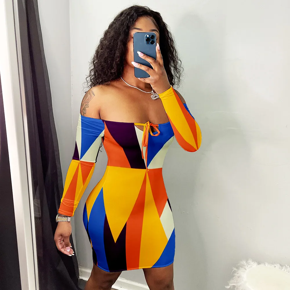 

Новинка 2022, женское цветное пикантное мини-платье на шнуровке с длинными рукавами и открытыми плечами