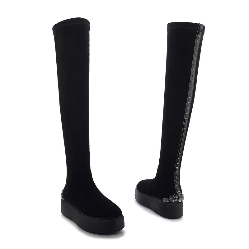 black ZVQ winter newest fashion over knee boots outside comfortable high heels platform crystal kid suede women shoes drop shipping - Цвет: black