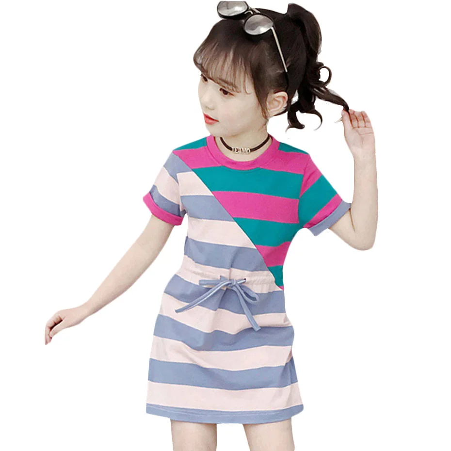 Платья для девочек летнее платье в стиле пэчворк Полосатое вечерние платья