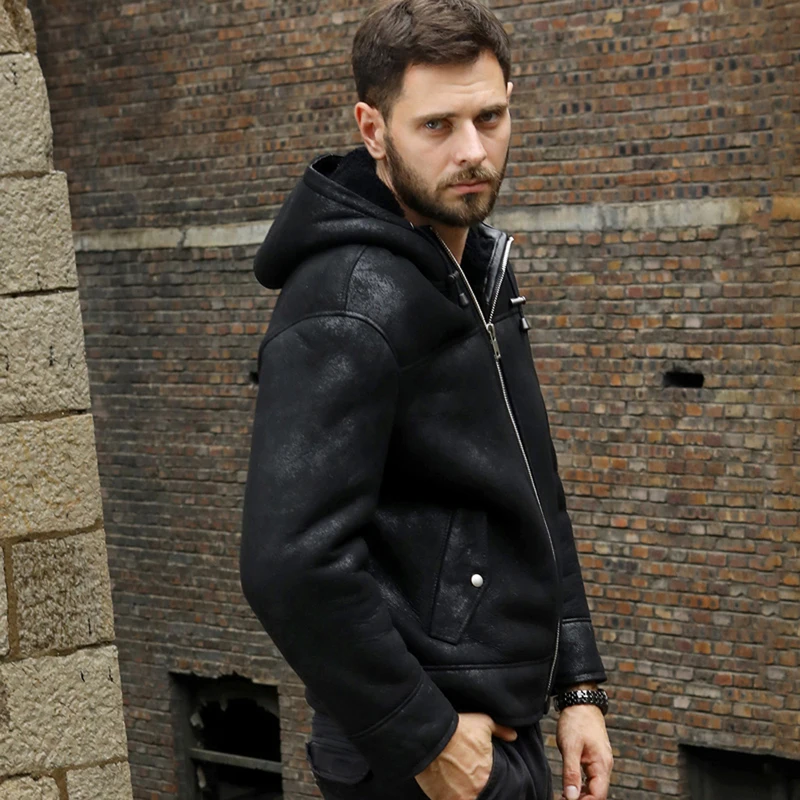 Denny&ampDora New Mens B3 Shearling Jacket Black Leather Hooded Fur Coat Short Sheepskin Winter Coats