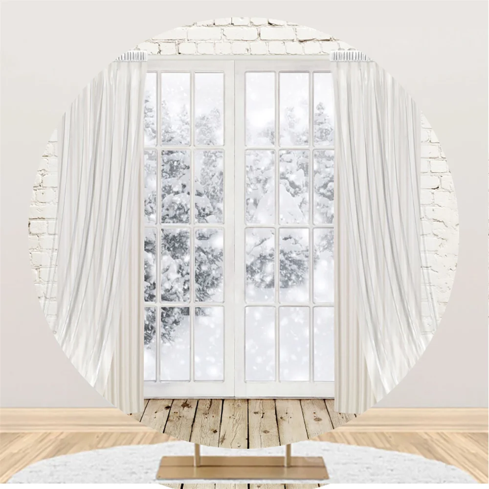 

White Christmas Theme French Windows Snow Scene Round Backdrops Winter Party Room Decoration Photography Circle Background Booth