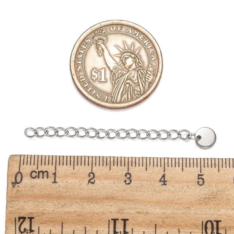 100 Strands 304 Stainless Steel Chain Extender with Flat Round Charms for Jewelry Making DIY Bracelet Necklace 56x3mm
