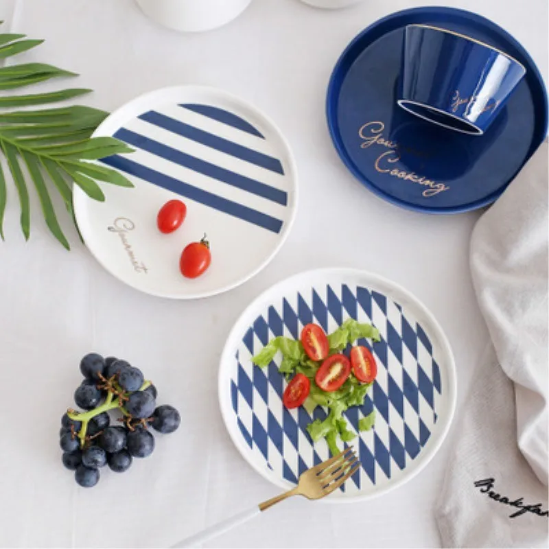 JO LIFE керамическая салатная миска Позолоченные блюда Nodic темно-синие полосы