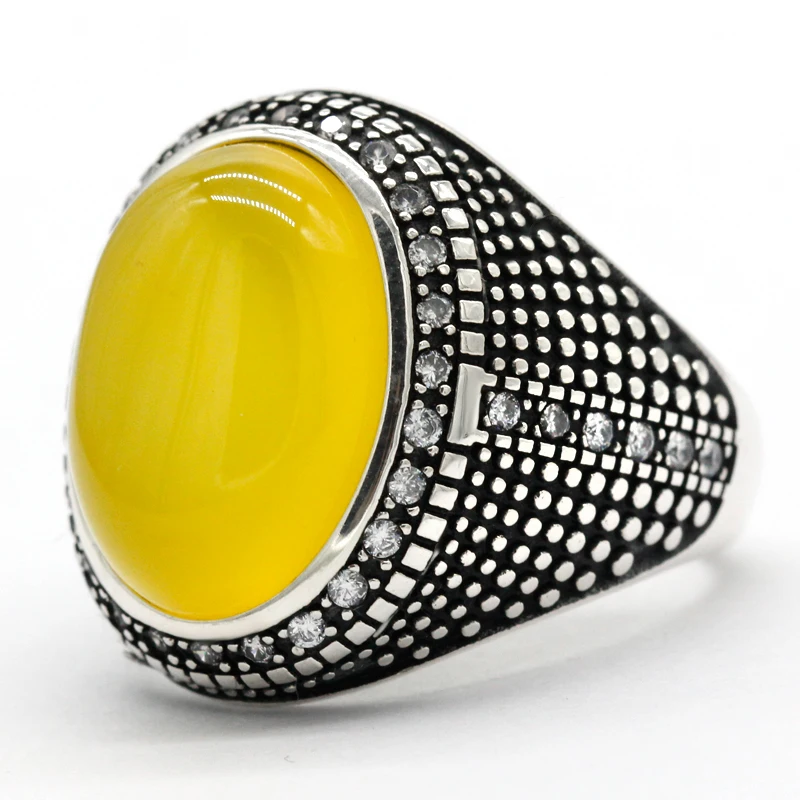 

Овальный агат кольцо для Для мужчин стерлингового серебра 925 Винтаж натуральный желтый камень с прозрачными камень циркон кольца Турецкая ...