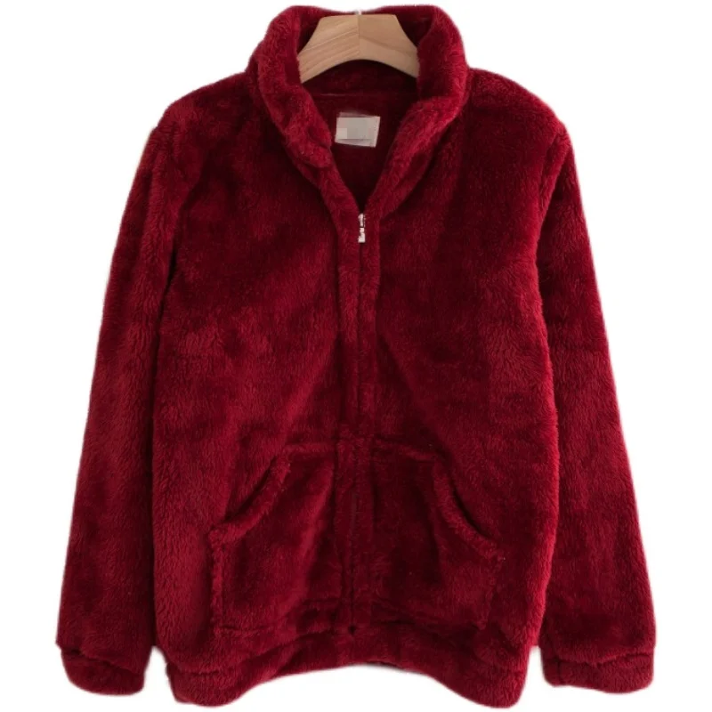 

New products for autumn and winter women's pajamas thick lamb velvet zipper long-sleeved sweater top
