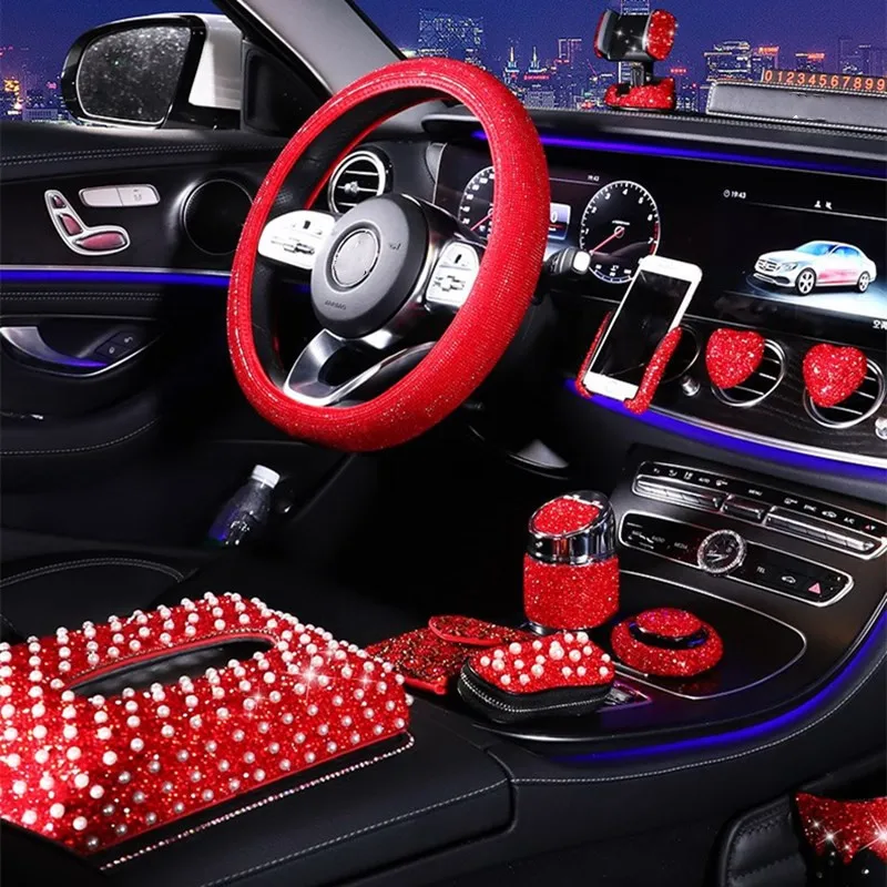 

2021 new blingbling red rhinestones car ashtray tissue box trash can car steering wheel cover car interior accessories gift