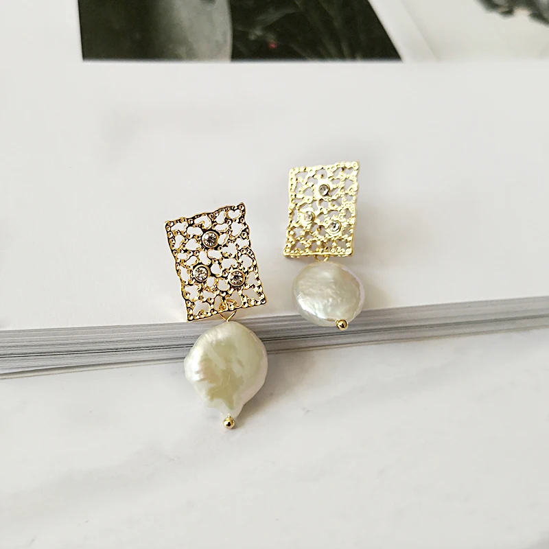 Peri'sBox сетчатые полые квадратные геометрические серьги Украшенные маленькие серьги из горного хрусталя для женщин натуральные пресноводные жемчужные серьги