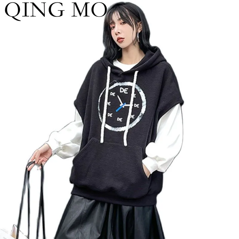 

QING MO 2021 Autumn Winter New Big Pocket Hooded Warm Sleeveless Sweatshirt Women Fashion Printed Cashmere Vest Jacket ZWL1709