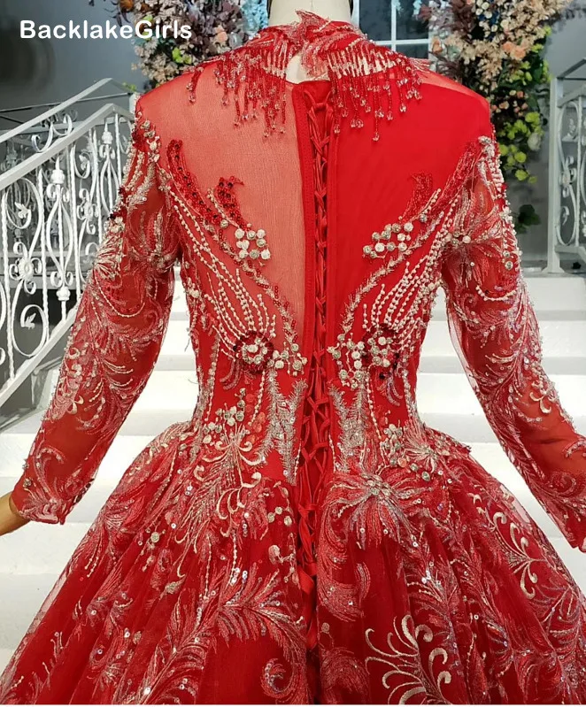 2020 Белое кружево из аппликаций красное свадебное платье Милая шея полный рукав