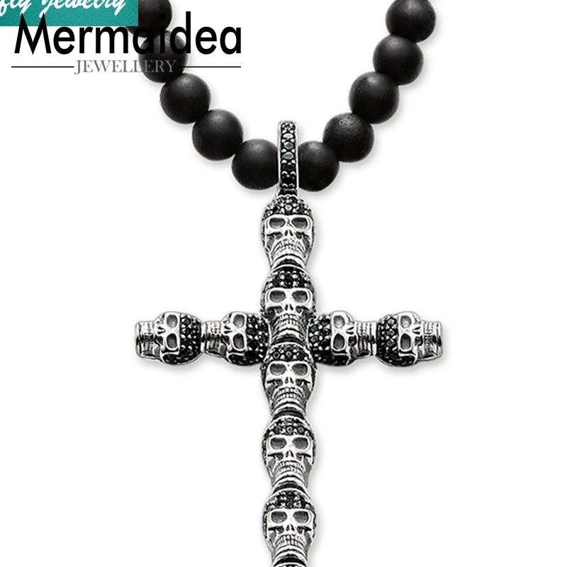 Черный обсидиан бусы ожерелья Череп Крест Подвески Европейский Rebel новый бренд