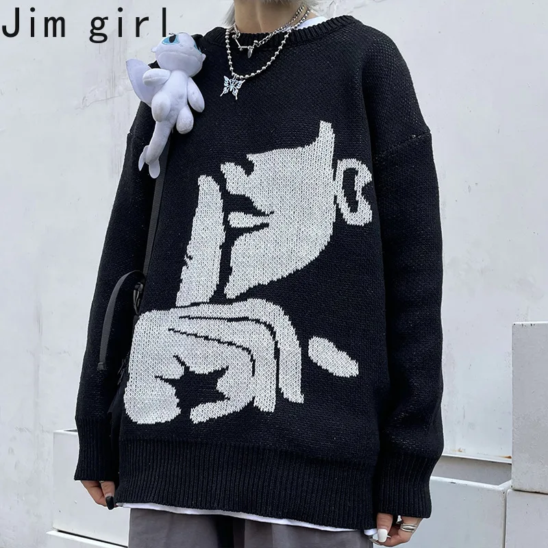 Свитер женский с аниме принтом повседневный длинный пуловер оверсайз в стиле