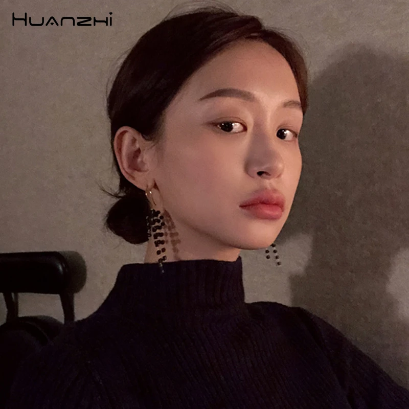 HUANZHI 2019 корейские Винтажные серьги с кисточками черные хрустальные