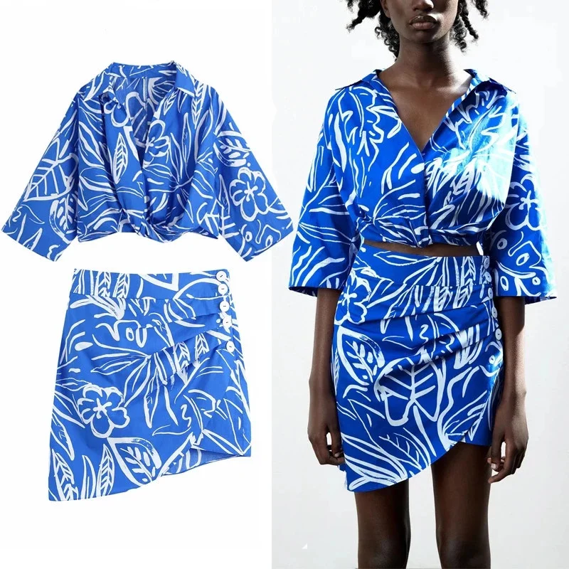 

Женская мини-юбка с драпировкой, голубая винтажная юбка с высокой талией и рюшами спереди, асимметричная юбка с принтом, лето 2021