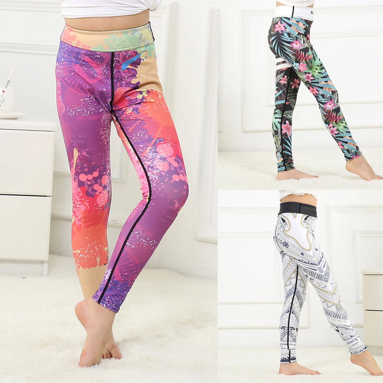 

Girls' Leggings Print Sports Trousers Elasticity Casual Trouser High Waist Yoga