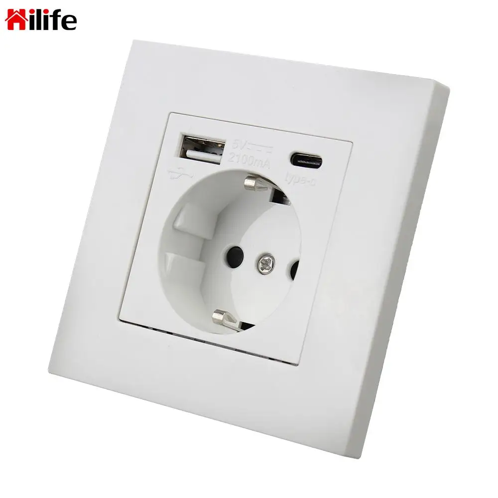 

PC Panel Power Outlets Germany Plug Socket 16A Electrical Wall Charger Adapter EU Standard With Usb Type-C Charging Port