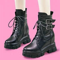 military punk womens genuine leather platform wedge ankle boots high heels lace up buckle oxfords pumps 34 35 36 37 38 39