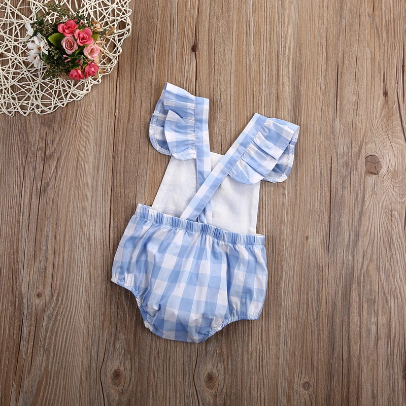 

Cute Casual Newborn Infant Baby Girls Cotton Short Sleeve Square Collar Blue Plaid Bodysuit Playsuit Outfit Summer 0-18M