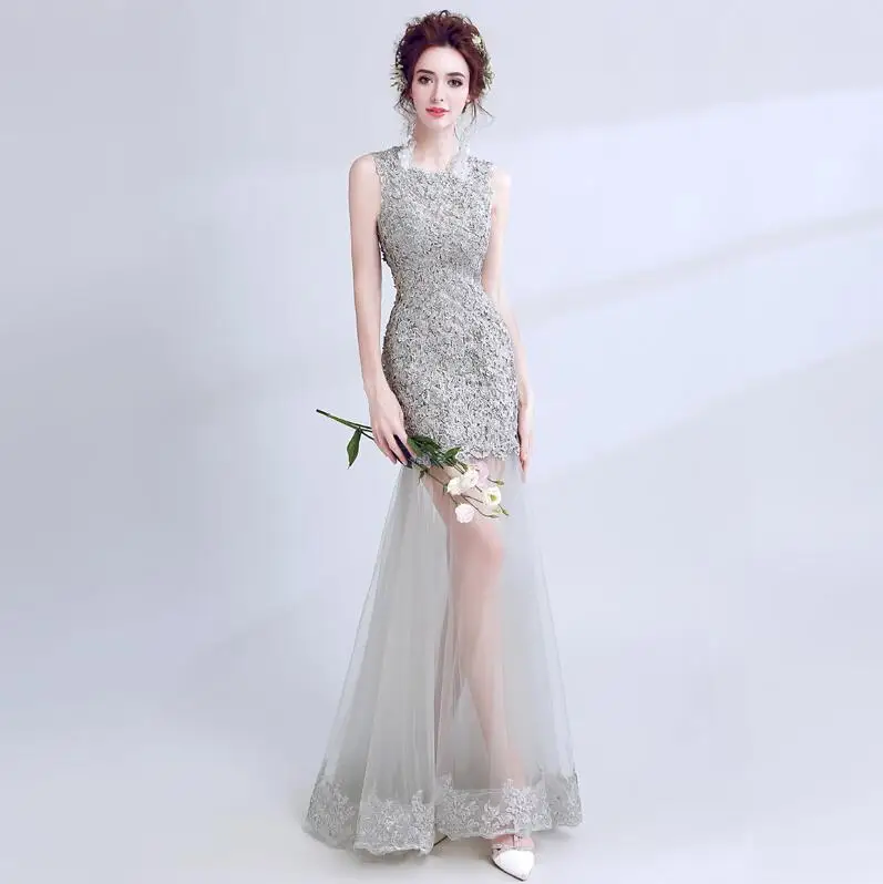 

Celebrity grey festival birthday party performance embroidery fish tail elegant wedding evening host performance female dress