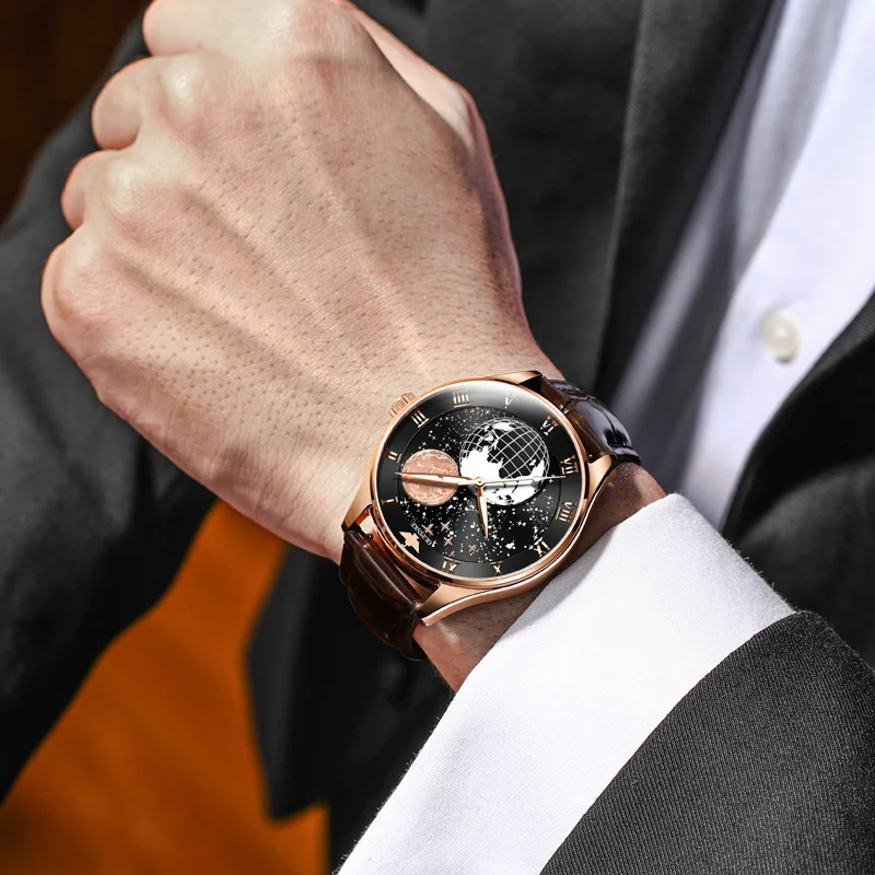 

OUPINKE 3177 Mechanical Automatic Fashion Starry Sky Waterproof Men's Watches Leather Hands Men