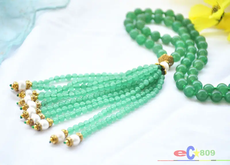 

wholesale 48" 8mm green bead with green Natural jade and white round pearl tassels sweater necklace