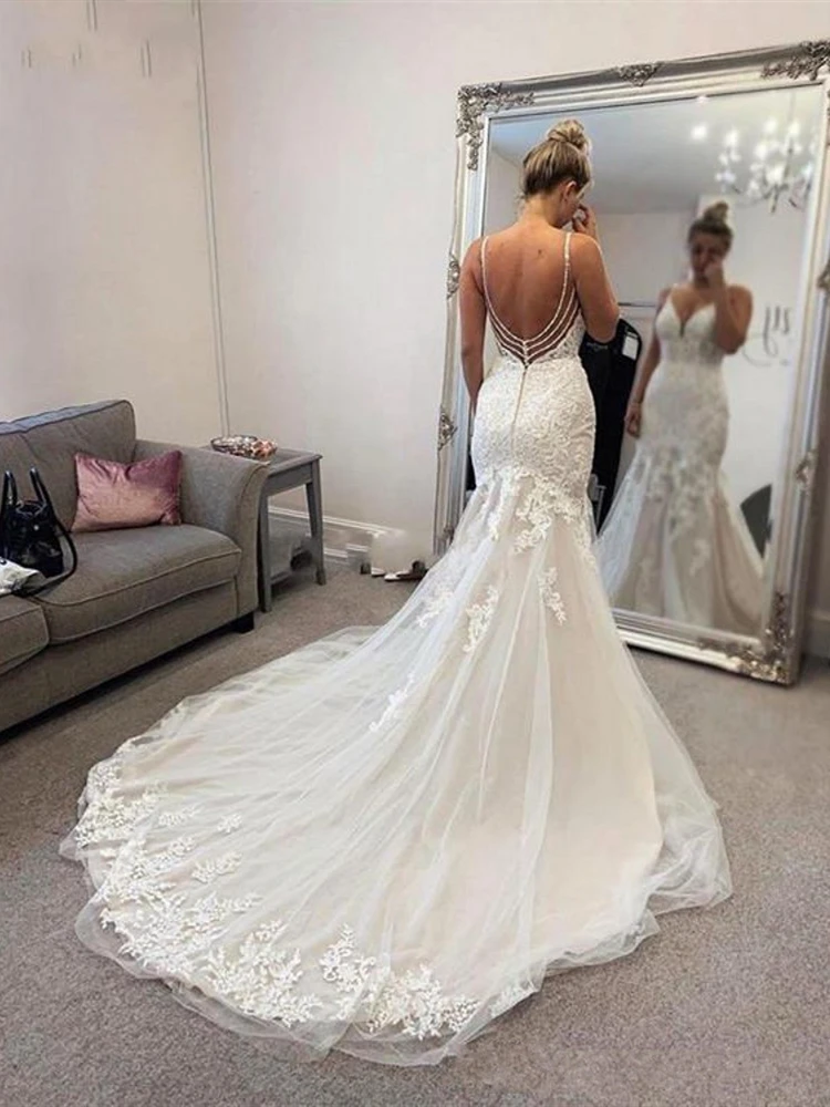 

Sexy Open Back Spaghetti Straps Wedding Dresses Mermaid Flower Appliques Lace Tulle Sweep Train Bridal Gowns vestido de noiva