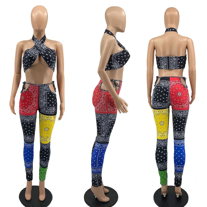 

HAOYUAN Sexy Two Piece Bandana Outfits Backless Crop Top Hollow Bandage Sweatpants Summer Clothing for Women Club Matching Suits