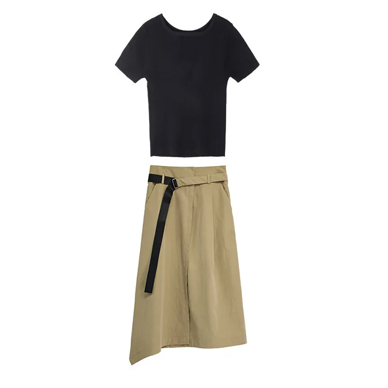 

WANYUCL 2021 summer short-sleeved pure color casual T-shirt lace-up skirt suit female two-piece trend
