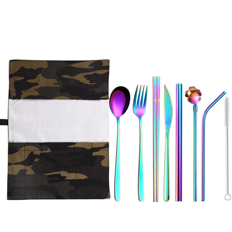 2019NEW Tableware 9PCS Stainless Steel Cutlery Set Chopsticks Fork Spoon Straw with Close Bag | Дом и сад