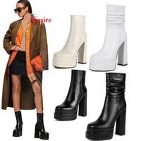 square toe platform pleated ankle boots chunky heel leather boots newest women winter fashion shoes sexy luxury hot sale shoes