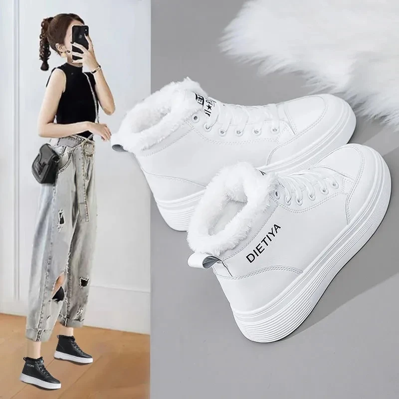 

Женские кроссовки с высоким верхом, утепленные хлопковые кроссовки в Корейском стиле, повседневные Нескользящие кроссовки с бархатной под...