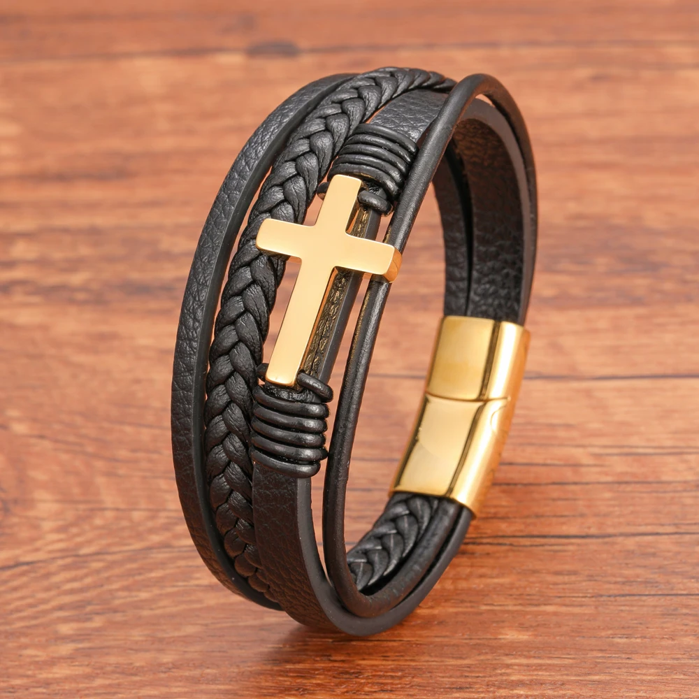 Fashion Multi Layer Stainless Steel Black Cross Leather Bracelet for Men Women Classic Christian Prayer Christmas Gift