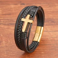 fashion multi layer stainless steel black cross leather bracelet for men women classic christian prayer christmas gift