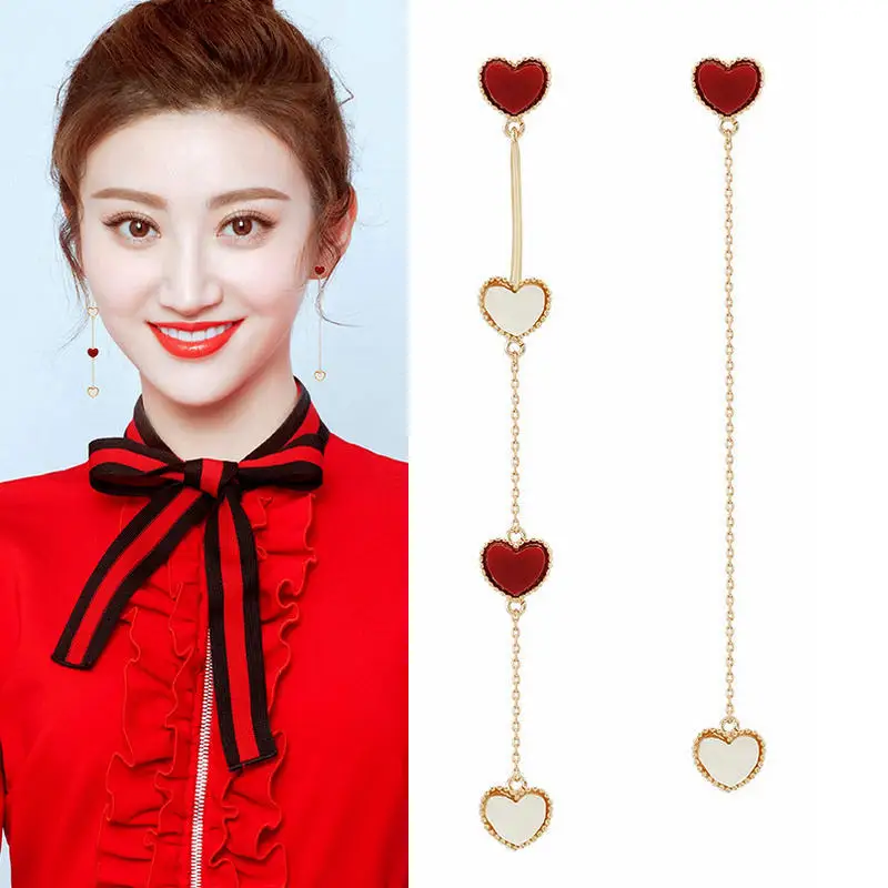 Korean Red Heart Long Fringe Earrings Pure Silver Needle Acrylic Boucle D'oreille Femme 2019 Dangle | Украшения и аксессуары