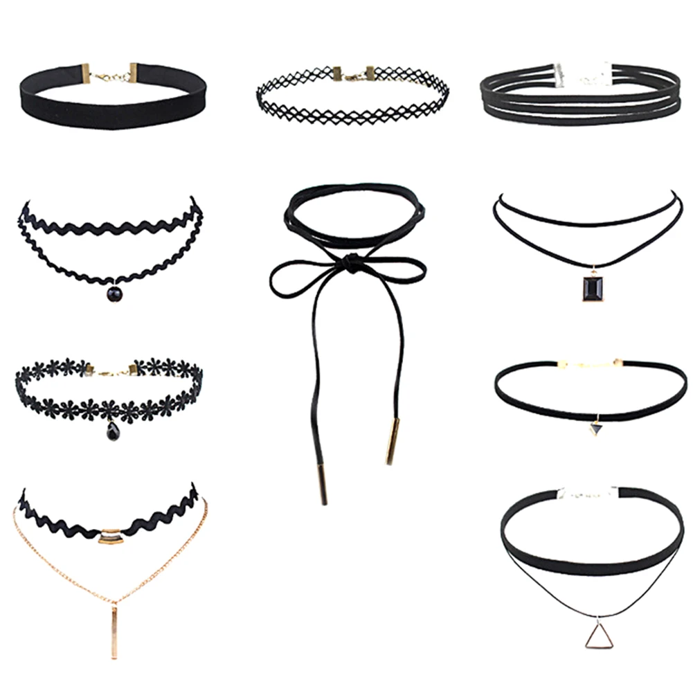 

10 PCS/Set Choker Necklaces Gothic Tattoo Black Lace Leather Velvet Punk Collier Collar Femme Chocker Jewelry for Women