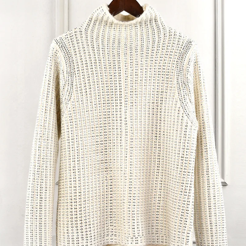 New Heavy Industries Crystal Ironing Drill High collar White Knitted Shirt with Temperamental Top Woman | Женская одежда