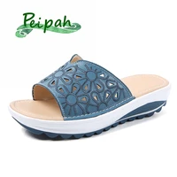 peipah genuine leather slippers women platform wedges sandals casual outdoor soft shoes woman 2020 summer ladies beach slippers